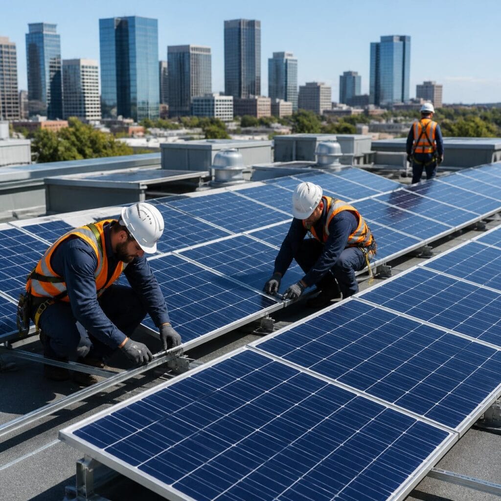 commercial solar panel installation on modern business building rooftop, professional workers installing photovoltaic panels, blue solar cells, urban skyline background, clean energy technology, no text
