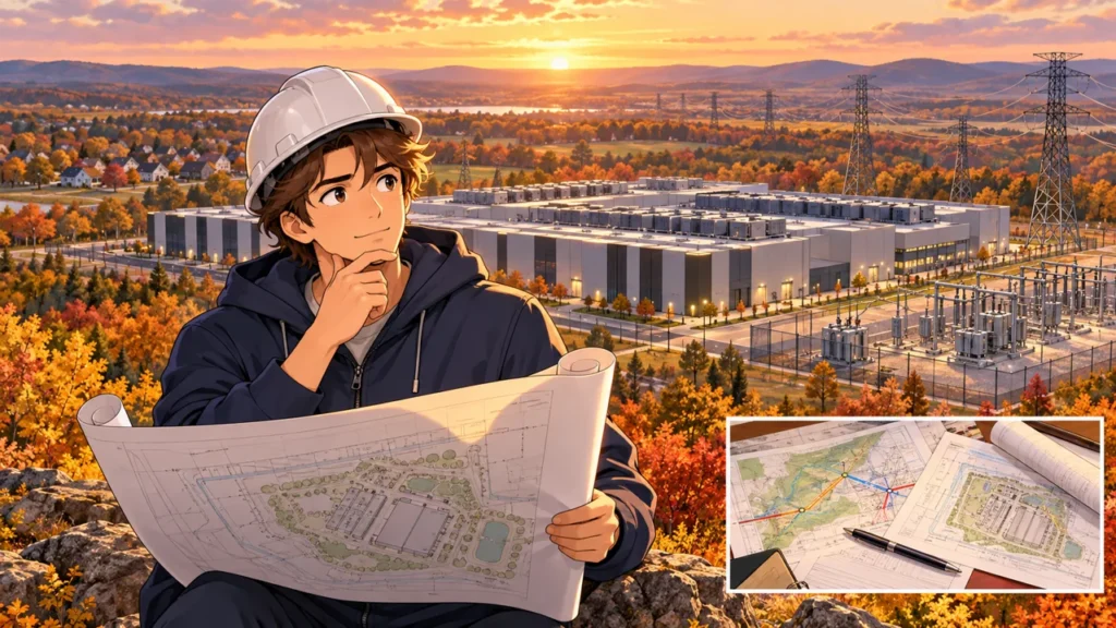 Illustration of an electrical planner reviewing data center transmission infrastructure and grid expansion costs
