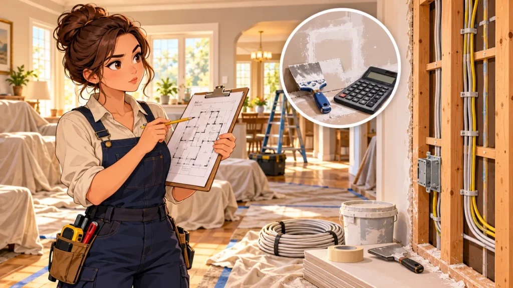 Illustration of an electrician reviewing house rewiring plans with wall access and drywall restoration materials