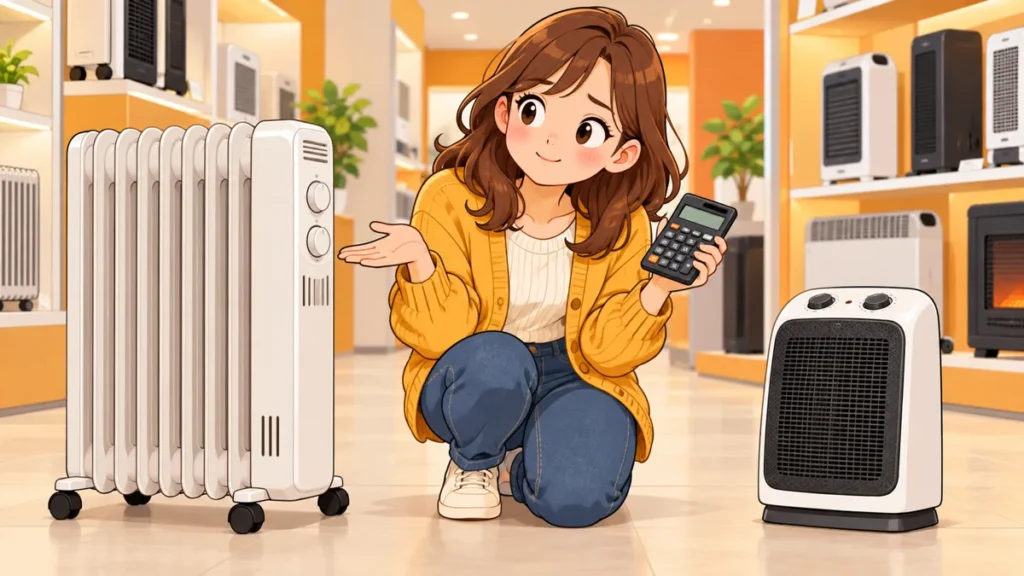 Illustration of a homeowner comparing an oil-filled radiator and ceramic fan heater with a calculator in a showroom.