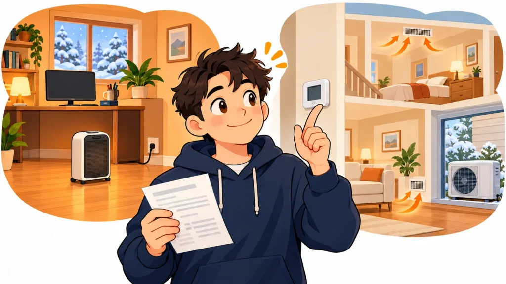 Cartoon engineer comparing a portable space heater with central home heating while holding an electricity bill.