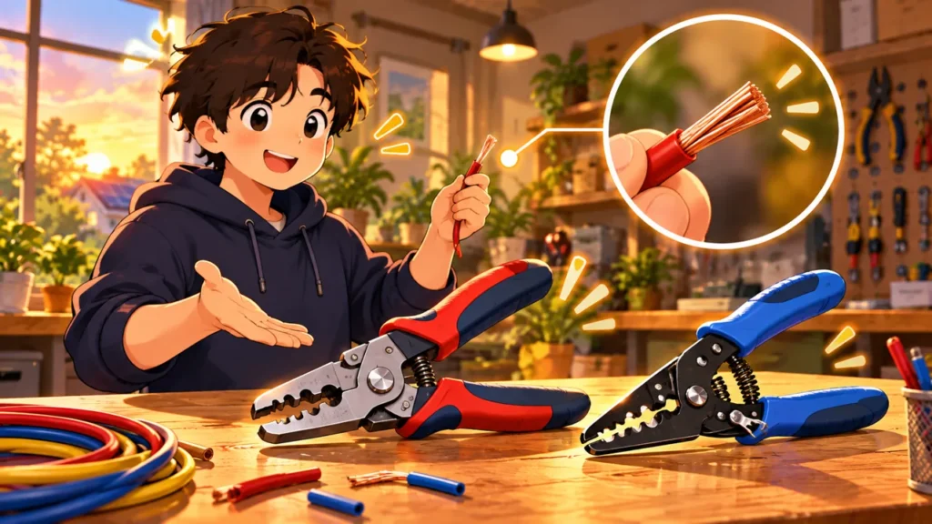 Conceptual illustration of an electrical educator comparing wire strippers with a disconnected copper wire sample