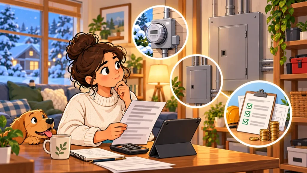 Illustration of a homeowner reviewing electrical panel upgrade costs including meter equipment and permits