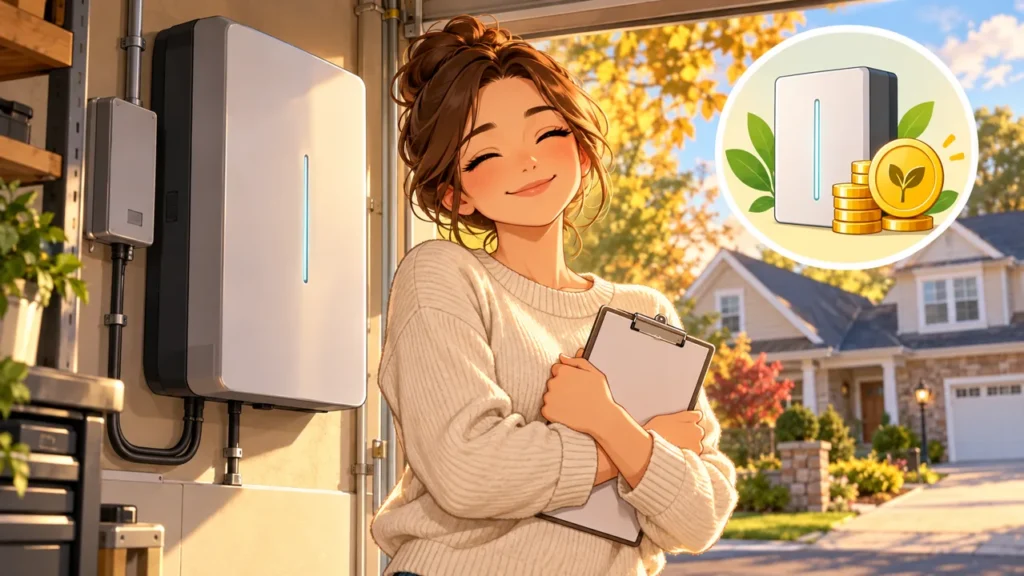 Illustration of a homeowner beside a home battery reviewing installation incentives