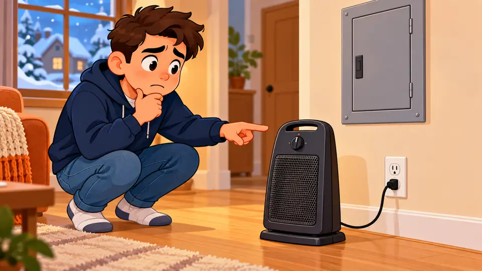 Homeowner reviewing a portable space heater and closed electrical panel