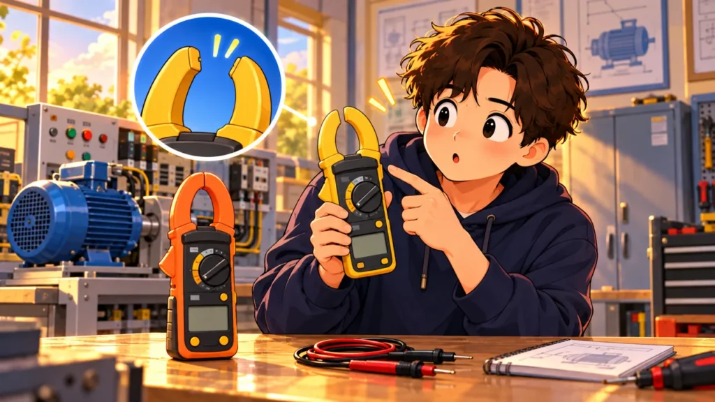 Conceptual illustration of an electrical educator comparing AC/DC clamp meters and explaining their clamp jaws