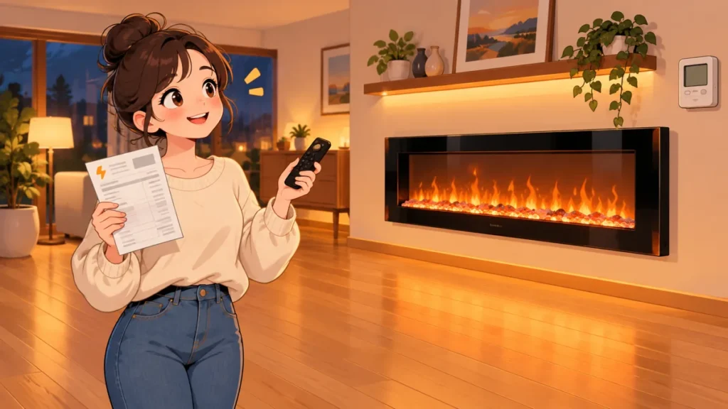 Illustration of a homeowner checking an electric fireplace remote and electricity bill in a living room.