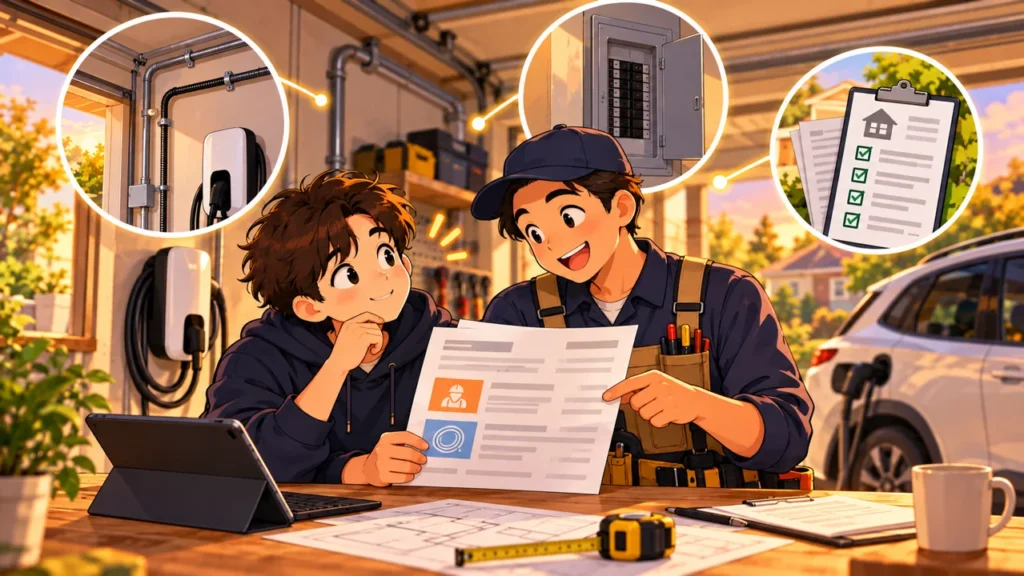 Illustration of a homeowner and electrician reviewing home EV charger installation costs and wiring scope