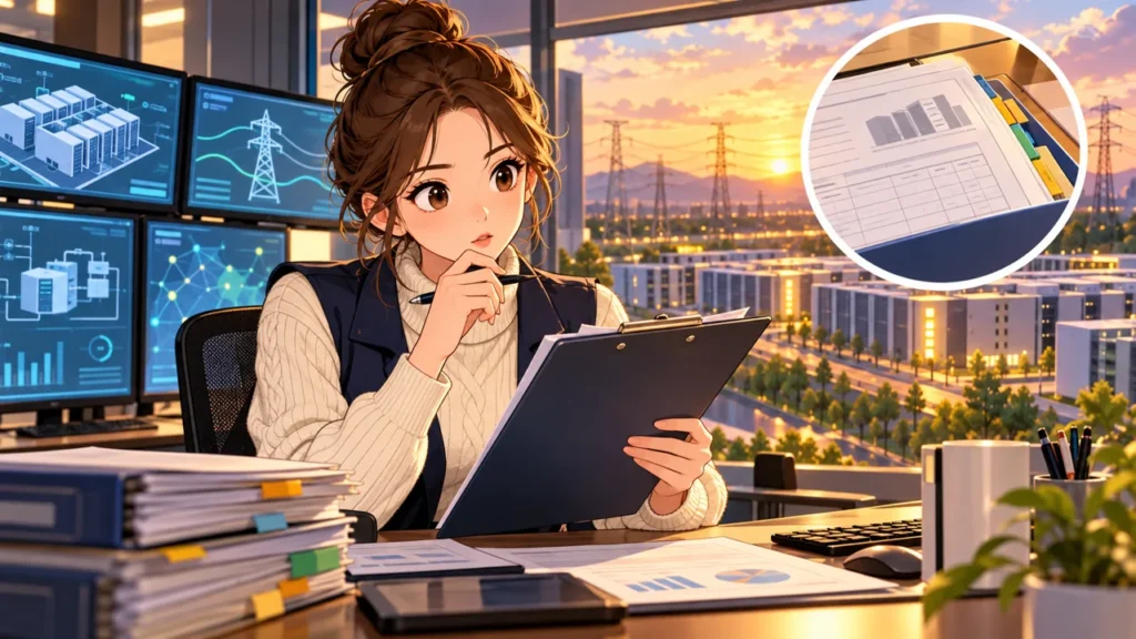 Illustration of a grid analyst reviewing a large load registry for data center planning
