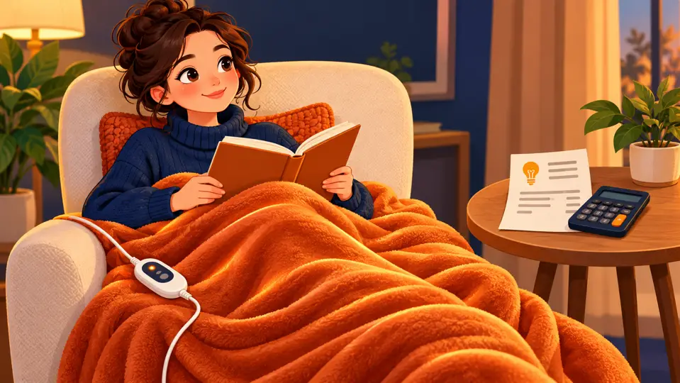 Woman reading under an electric blanket beside an electricity bill