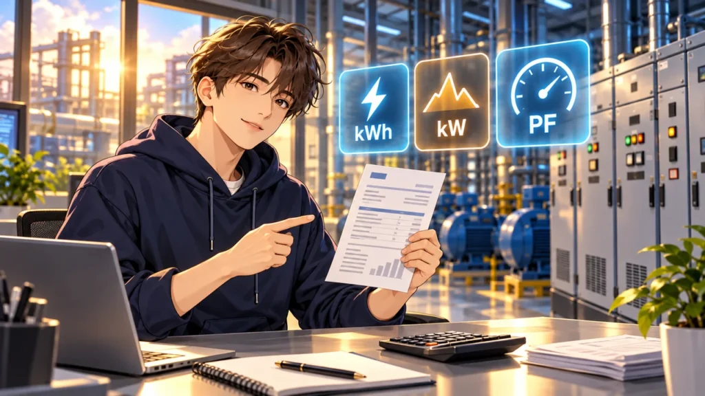 Electrical educator explaining a commercial electricity bill with kWh, peak kW demand and power factor icons