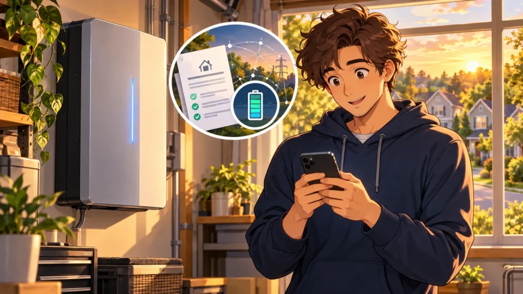 Illustration of a homeowner checking a home battery program on a phone beside a wall-mounted battery