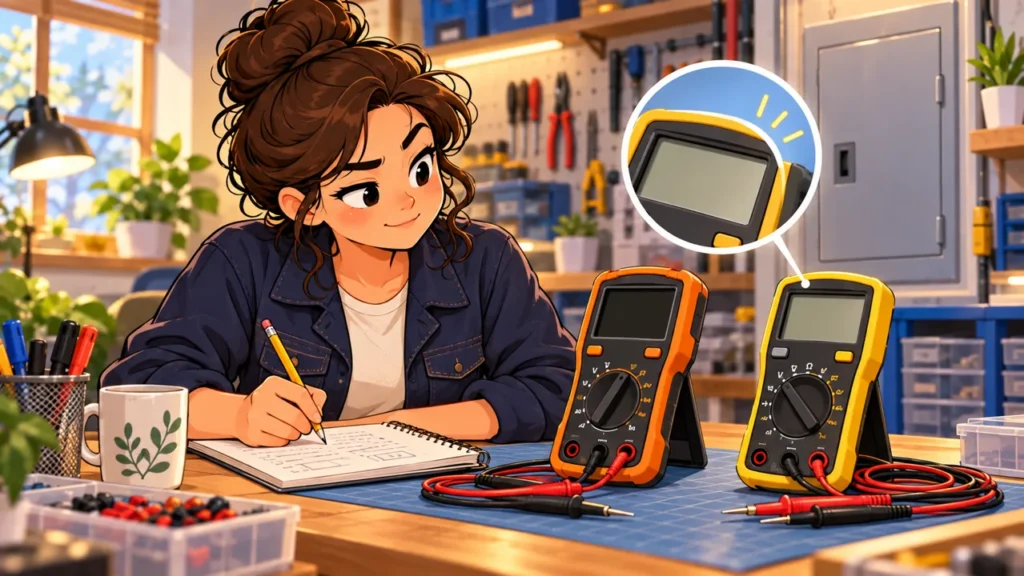 Conceptual illustration of an electrical educator comparing two digital multimeters and recording their features