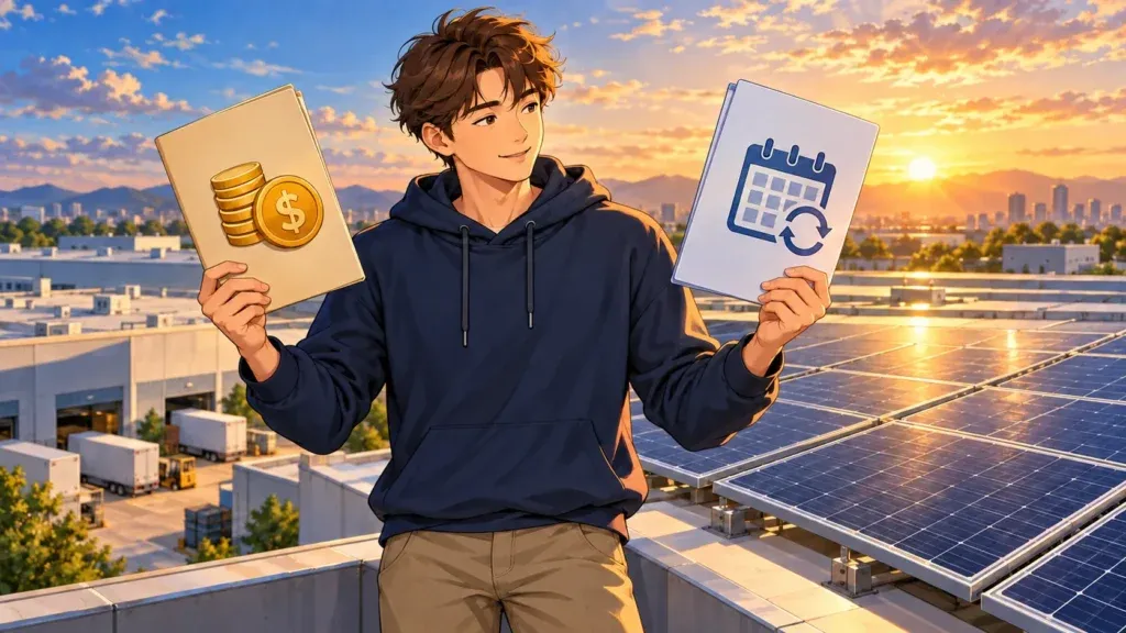 Illustration of a business owner comparing solar purchase and recurring-payment contracts beside commercial rooftop panels.