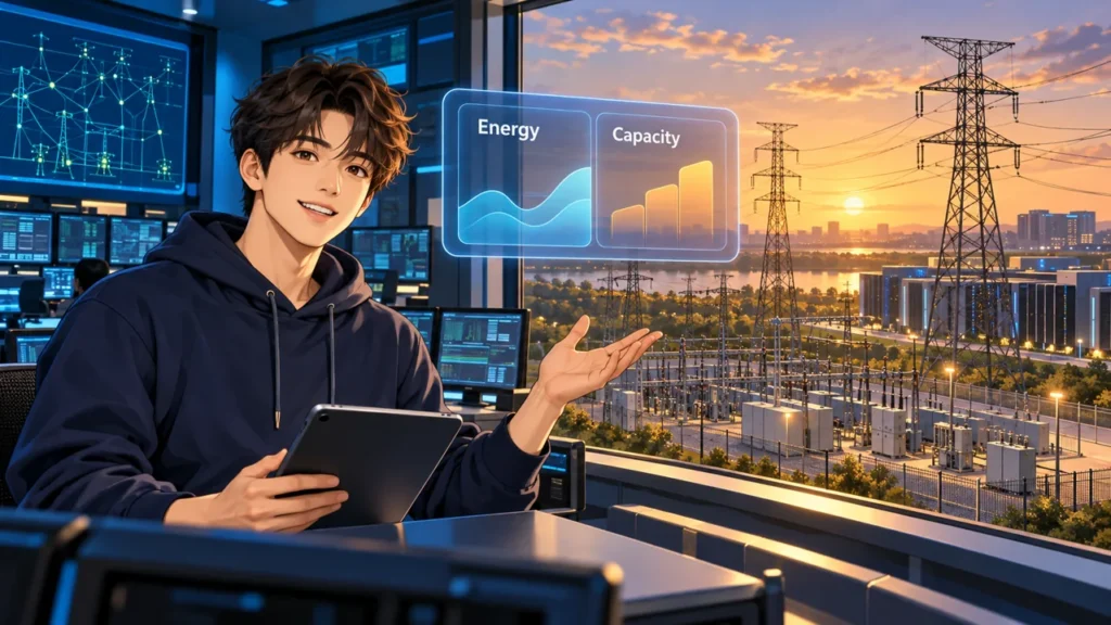 Electrical educator in a grid control room with energy and capacity market panels, transmission towers and a substation